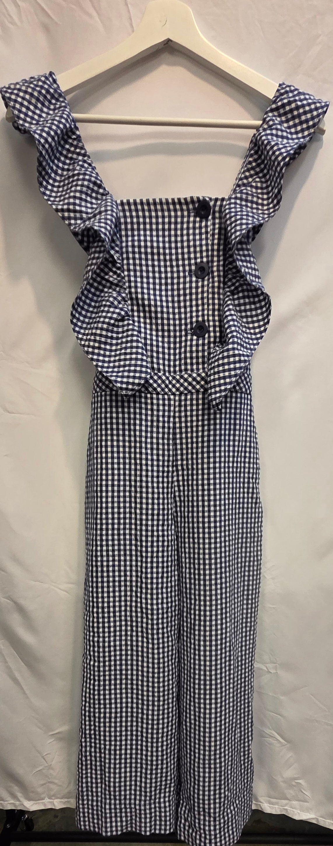 #152 - Zara Blue/White Gingham Ruffled Overall/Sleeveless Romper, Girls Size 11-12, EUC