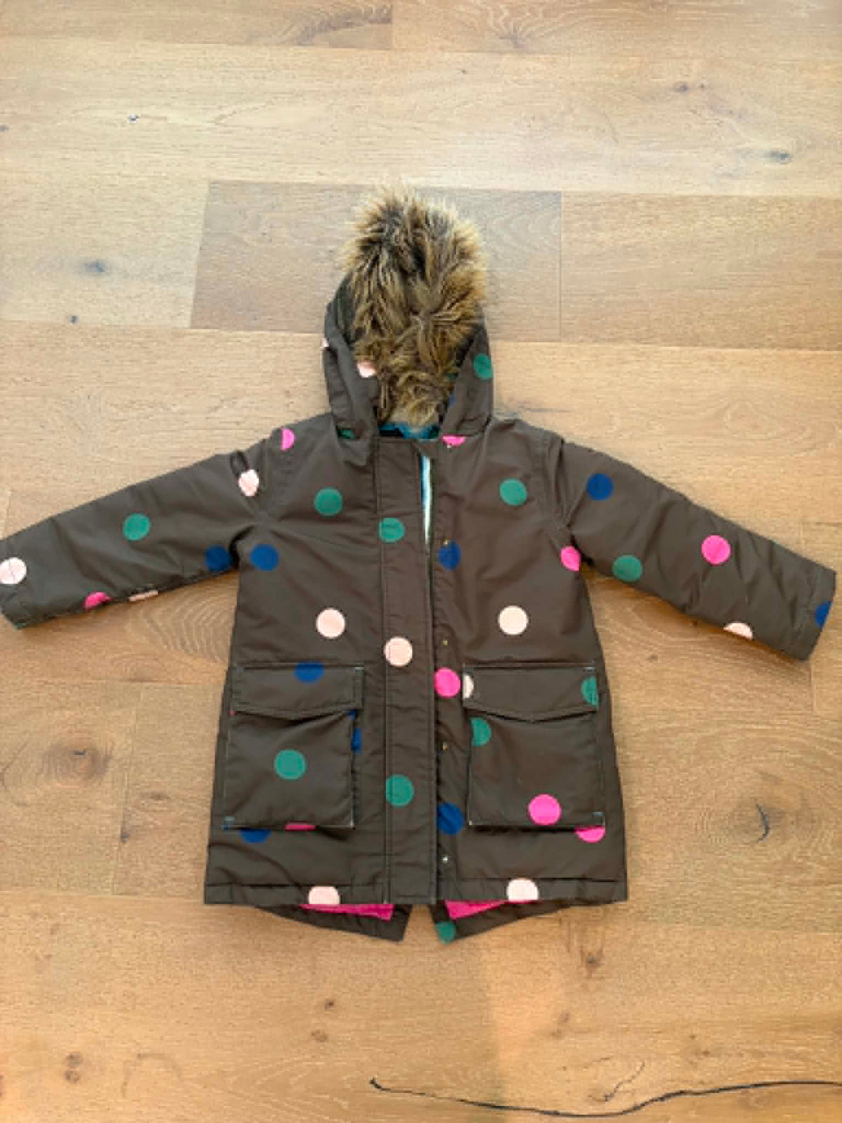 Seller #193 Mini Boden Girls Size 6-7 Army Green Polka Dot Winter Jacket (Retailed for $120)