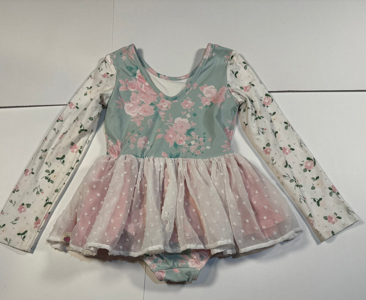 #141 Girls 5T Checky Plum Pink Rose Long Sleeve Leotard with White Polka Dot Tulle Skirt