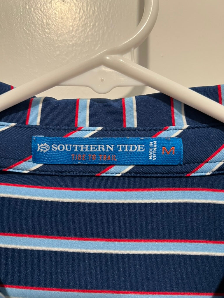 Seller #76 - Southern Tide Men's Polo - Blue W/ Red and White Stripes - Size Medium