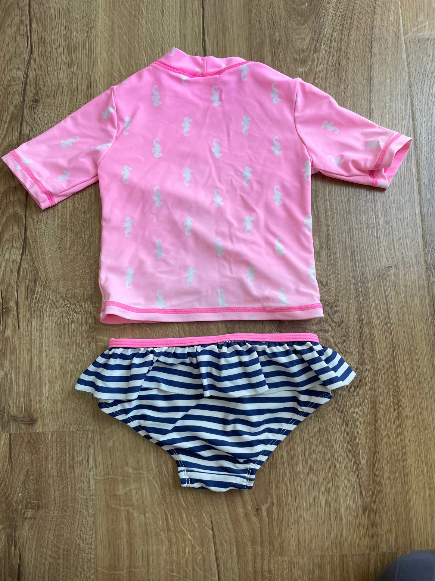 #6 - Carter's Girl's 2-Piece Bathing Suit - Pink and Navy with Seahorse design