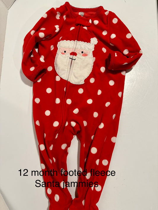 gender neutral, 12 month Santa jammies, fleece footed zip jammies