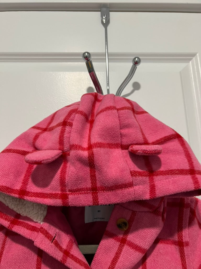 Seller #76 - Old Navy Plaid Button-Front Critter Hooded Coat Toddler - Size 3T - Pink Plaid