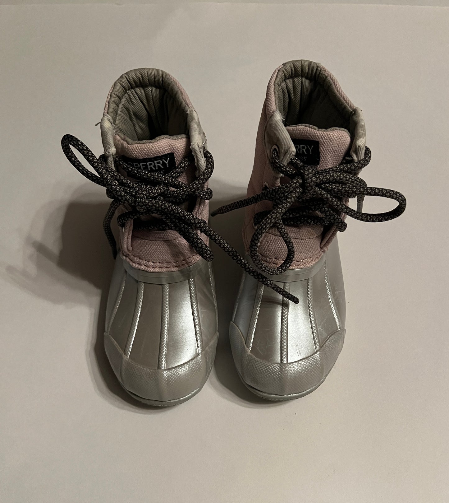 Girls Shoe 8 Pink and Silver Sperry Duck Boots with Gray Laces