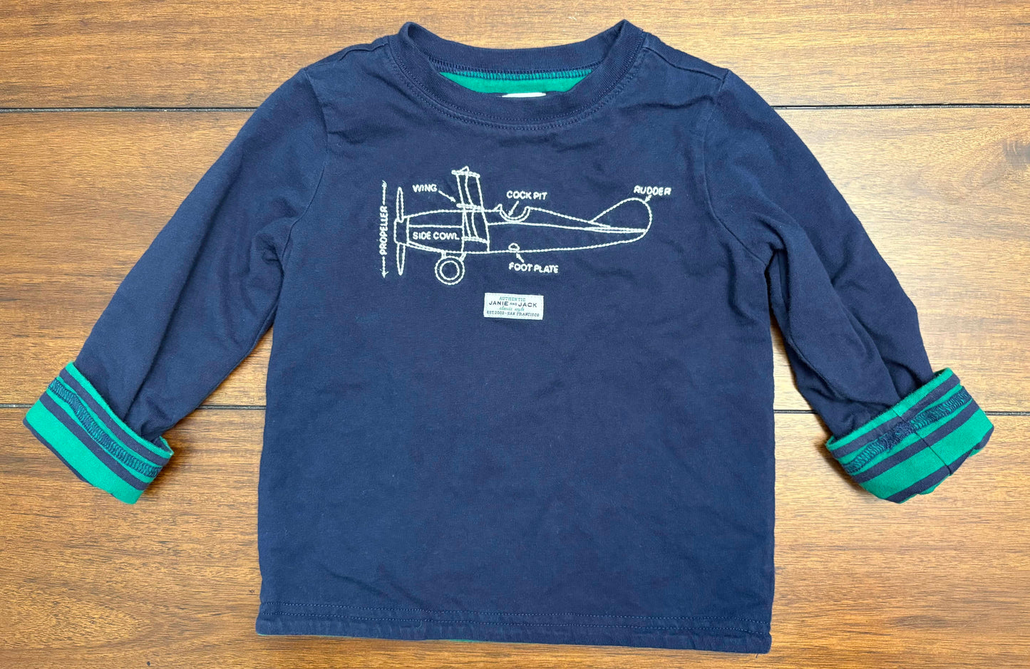 Seller #210  Janie & Jack Boys Size 18-24M Navy Embroidered Airplane Long Sleeve Reversible Top