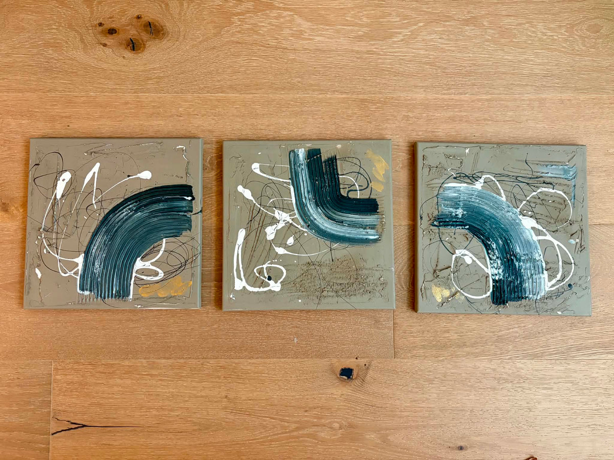 Seller #193 Authentic (Bought from the Artist!) Abstract Black White Gold-Fleck Paintings on 12"x12" Canvases Home Decor (Could Be Nursery or Big Kid Room Accessories!)