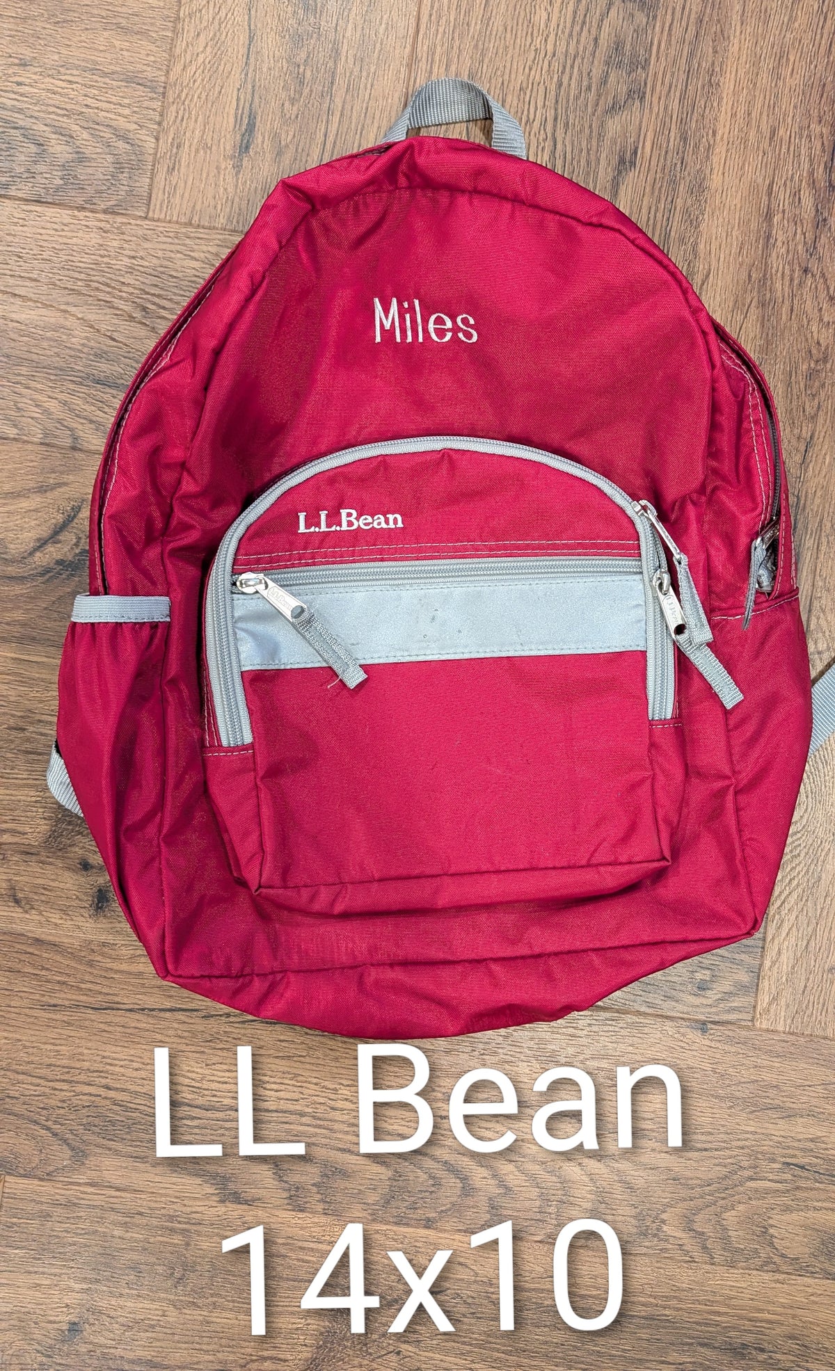 #3 LL Bean Red Small sized backpack, embroidered "Miles"