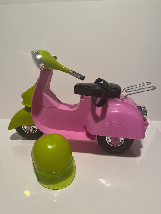 #121 Our Generation pink and green moped scooter bike, for 18" dolls, EUC
