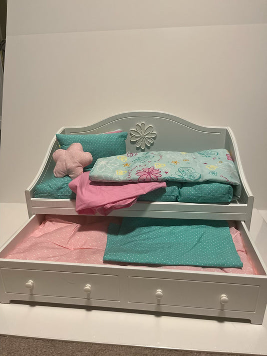 #121 American Girl Doll pink and blue trundle bed, EUC
