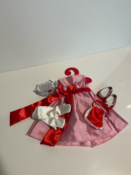 #121 American Girl Doll pink dress outfit with accessories, EUC