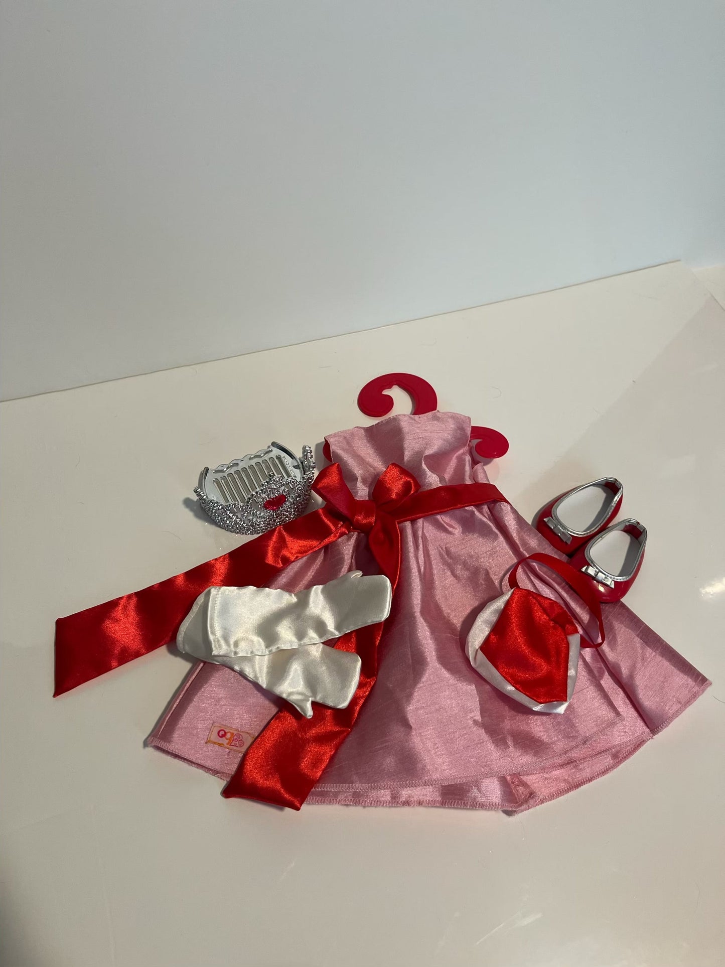#121 American Girl Doll pink dress outfit with accessories, EUC