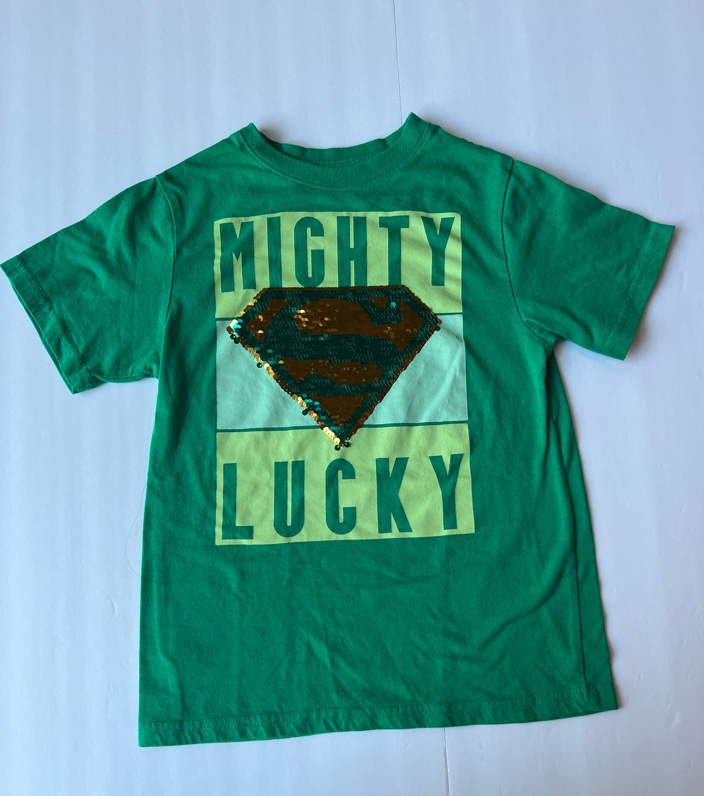 #77B Boys S (6-7) EUC Superman Might Lucky Reversible Sequin St Patrick's Day Shirt