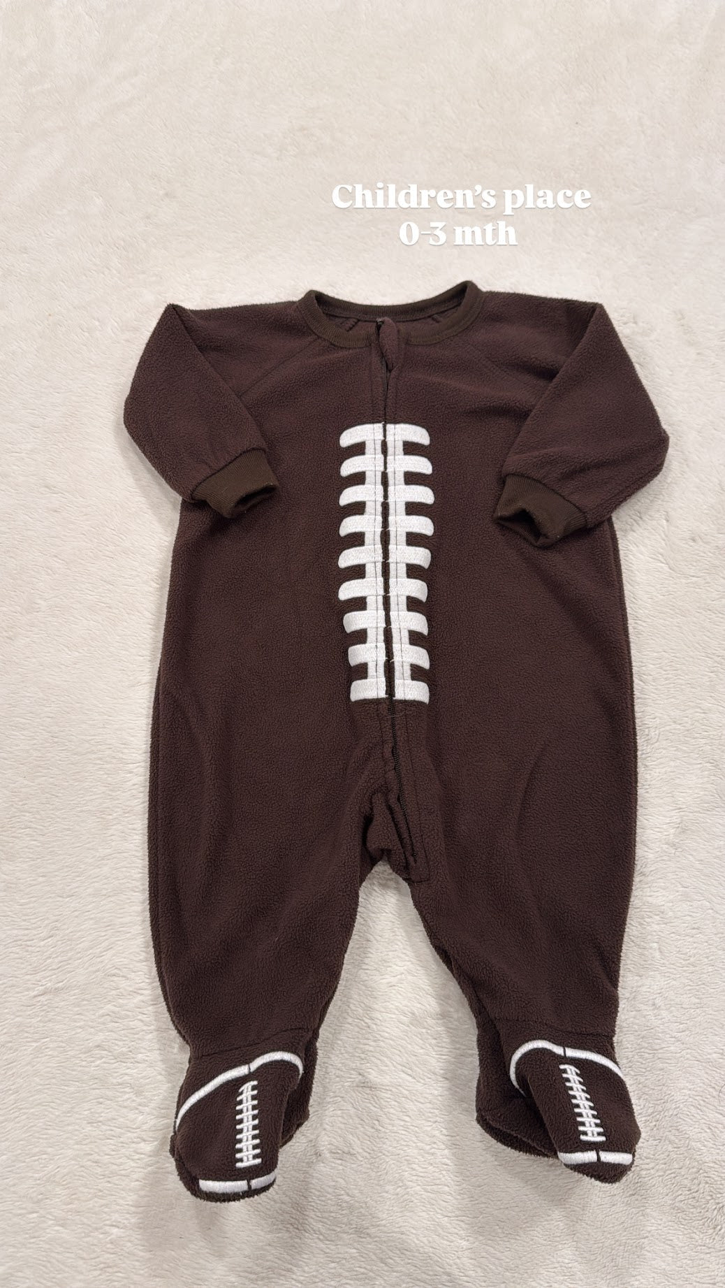 #145 Childrens place fleece football sleeper Boys 0-3 mth EUC