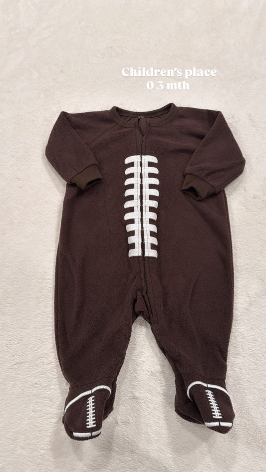#145 Childrens place fleece football sleeper Boys 0-3 mth EUC