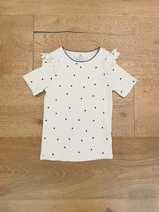 #222 NWOT H&M Girls 6 Cream with Black Polka Dot and Ruffle Shoulder T-Shirt