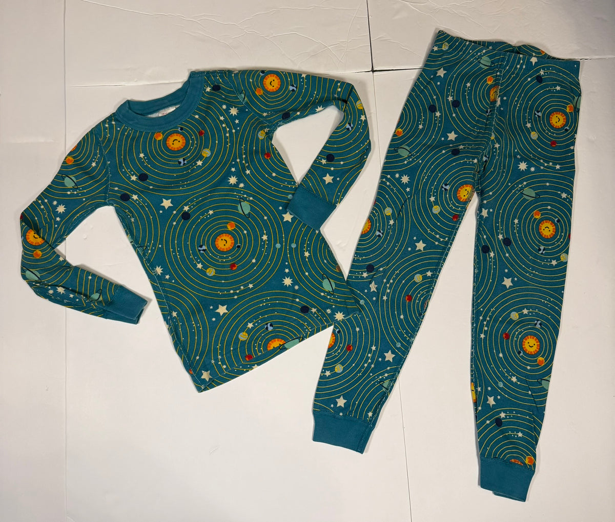 #141 Unisex Size 6-7 (120) Hanna Andersson Teal Solar System Long Sleeve Pajamas