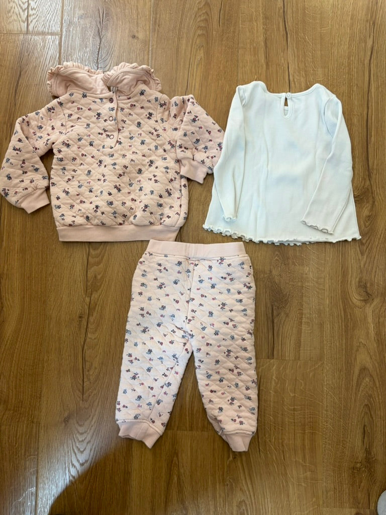 #6 - Catherine Malandrino Girls Pink Floral Quilted Outfit with White Ruffle Shirt - 18 months