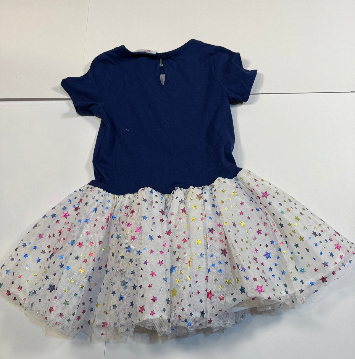 #141 Girls 5 Counting Daisy Rainbow Tulle Set with Navy and White Striped Pants