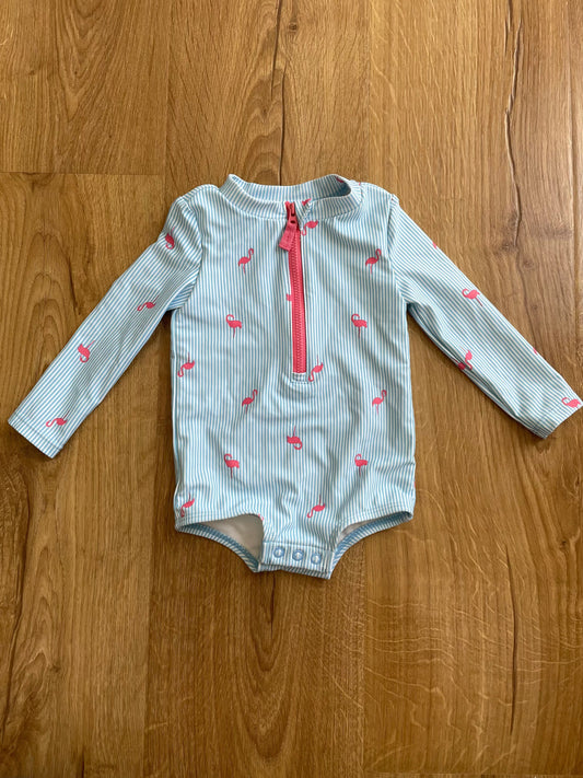 #6 - Girls Carter's Swim Suit Rash Guard, 9 months, blue striped with flamingos