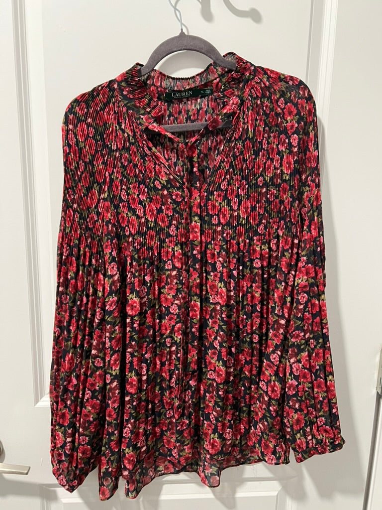 Seller #76 - Lauren Ralph Lauren Duong Sheer Pleated Tie-Neck Floral Long Sleeve Blouse XL
