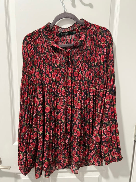 Seller #76 - Lauren Ralph Lauren Duong Sheer Pleated Tie-Neck Floral Long Sleeve Blouse XL