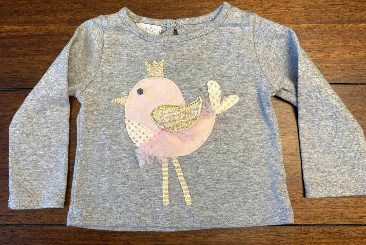 Seller #210 Mud Pie Girls Size 12-18M Gray Princess Chickadee 3-D Embellished Long Sleeve Top