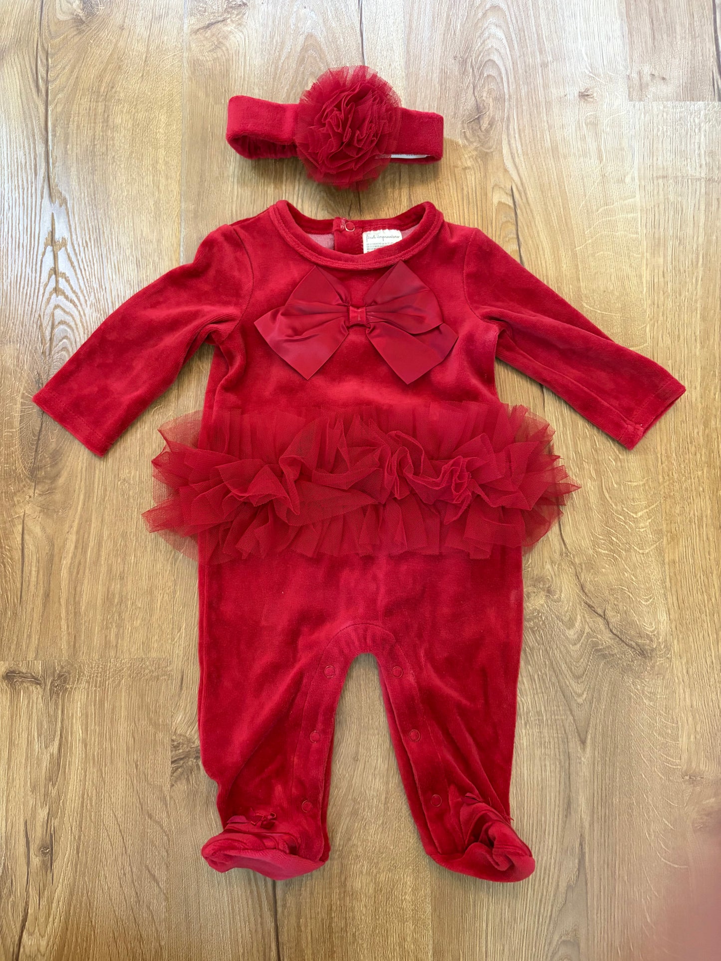 #6 - First Impressions - Girls Red Holiday Outfit with Headband -  0-3 months