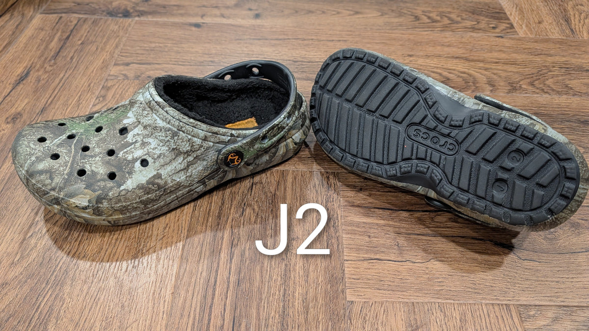 #3 Camouflage fuzzy Crocs, size J2, worn only indoors