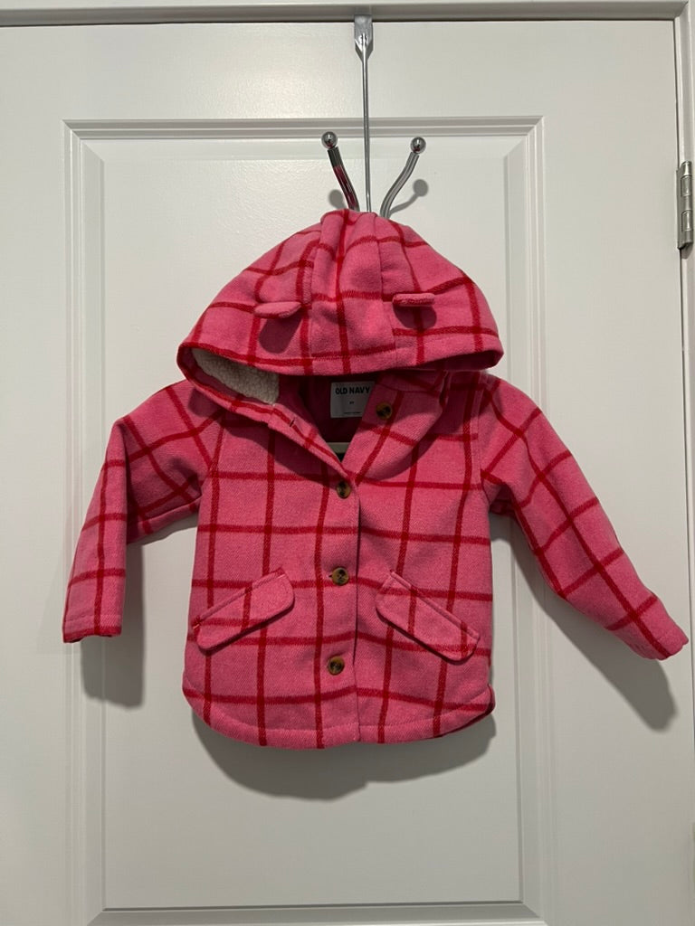 Seller #76 - Old Navy Plaid Button-Front Critter Hooded Coat Toddler - Size 3T - Pink Plaid