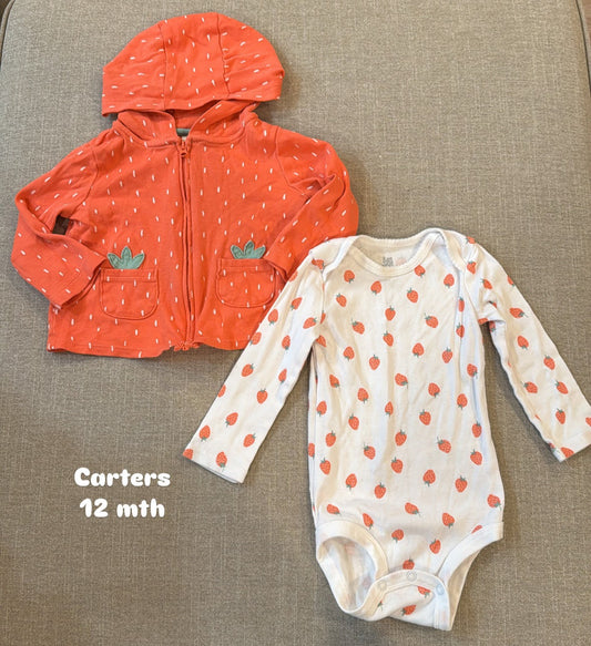 #145 Carters Strawberry zipper hoodie & onesie Girls 12 mth EUC