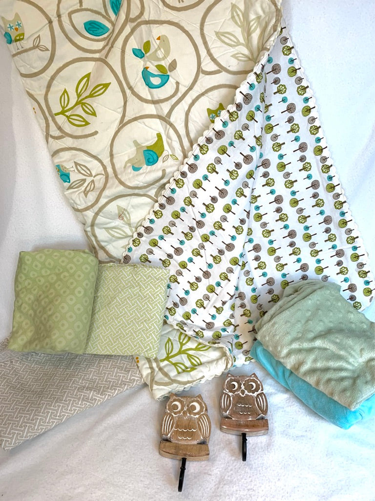 Seller #151 - REDUCED - Bedding - Beautiful Natural Crib Bedding Set in Cream / Tan / Sage / Aqua