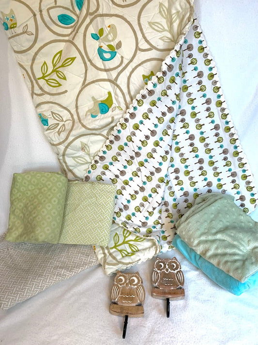 Seller #151 - REDUCED - Bedding - Beautiful Natural Crib Bedding Set in Cream / Tan / Sage / Aqua