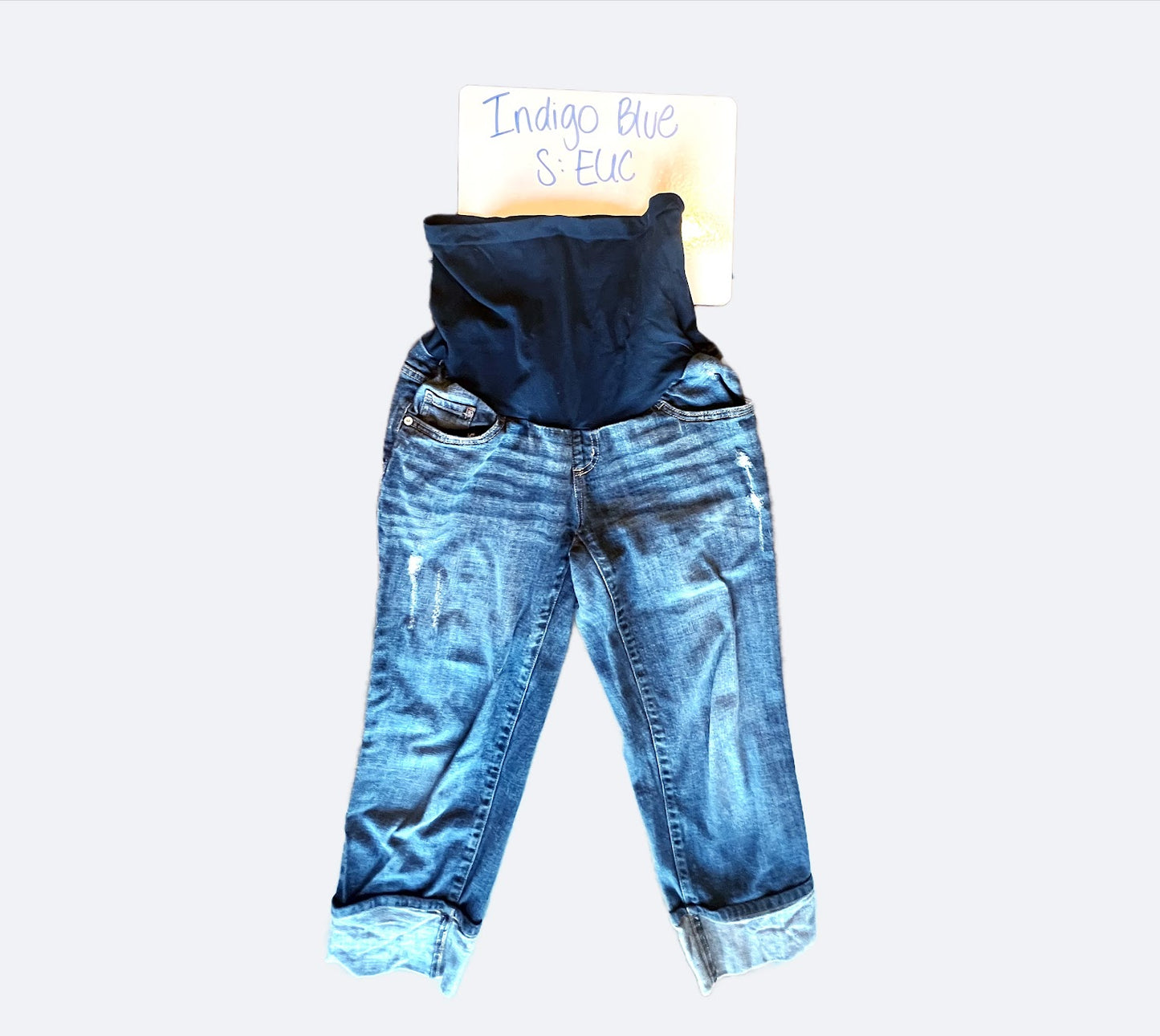 Indigo Blue Maternity Capri Jeans Size Small with Full Belly Panel, EUC