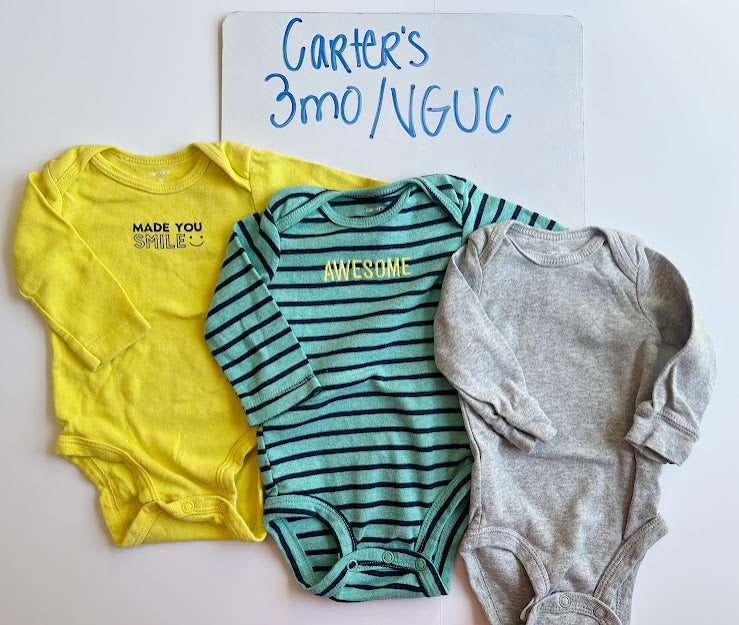 Carter's Gender Neutral 3 Month Long Sleeved Onesie Set (3), VGUC