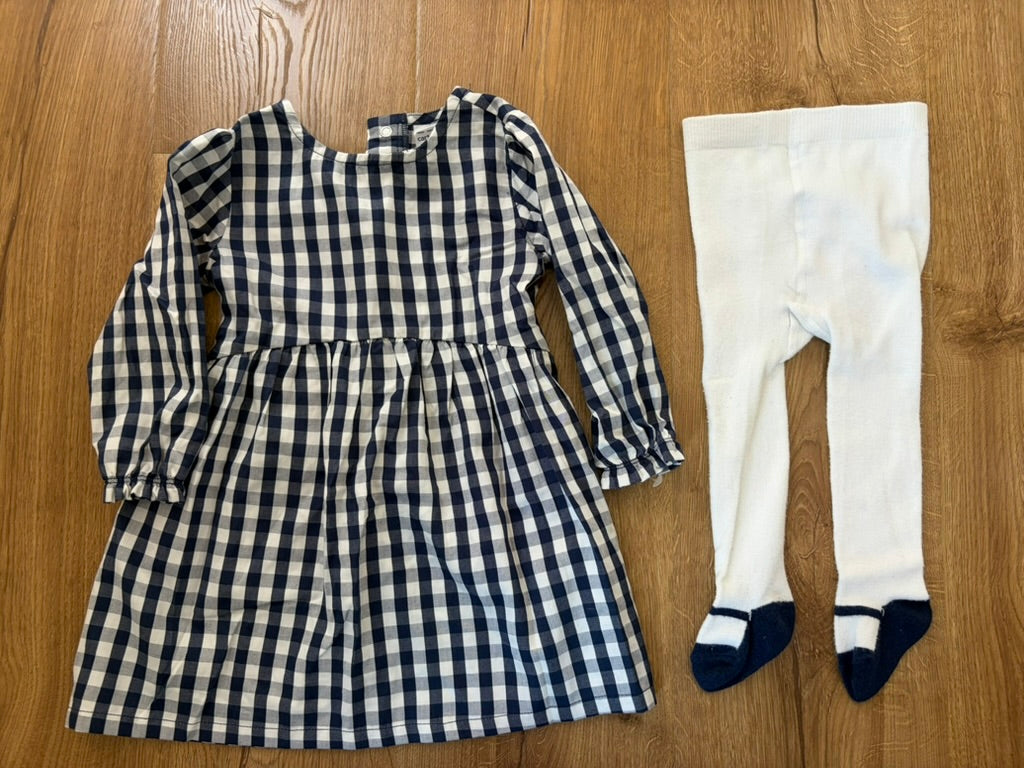#6 - Carters Girls Navy and White Gingham Dress and Tights - 18 months