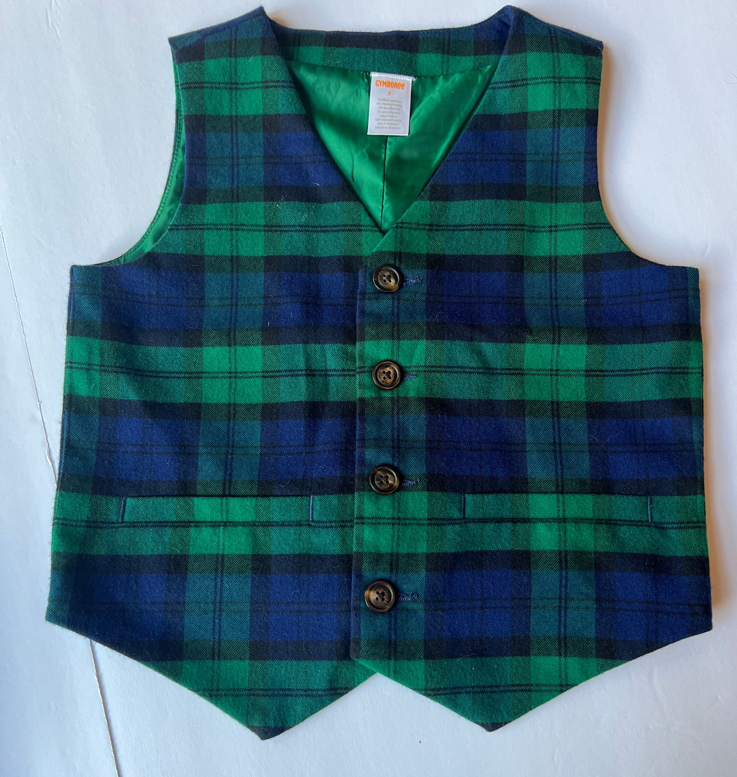 #77B Boys 7 EUC Gymboree Holiday Navy/Green Plaid Twill Vest and Gymboree Navy Corduroy Pants