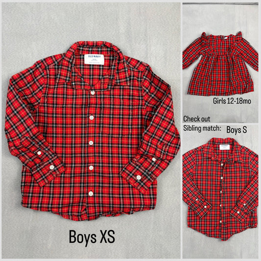 #39 XS Boys Old Navy Christmas Plaid Button-down (sibling match)