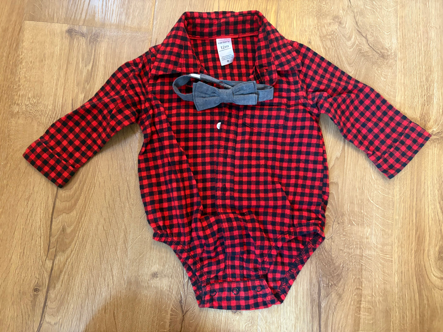 #6 - Carters Buffalo Plaid Onesie with Grey Bowtie - 12 months