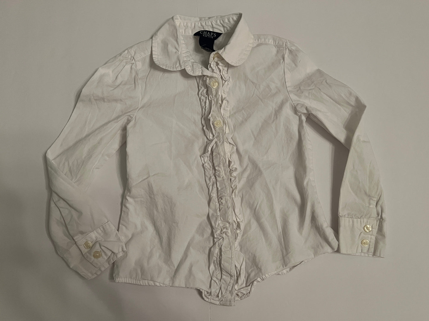 #180 Girls 4T Chaps VGUC White Ruffle Button Down Shirt