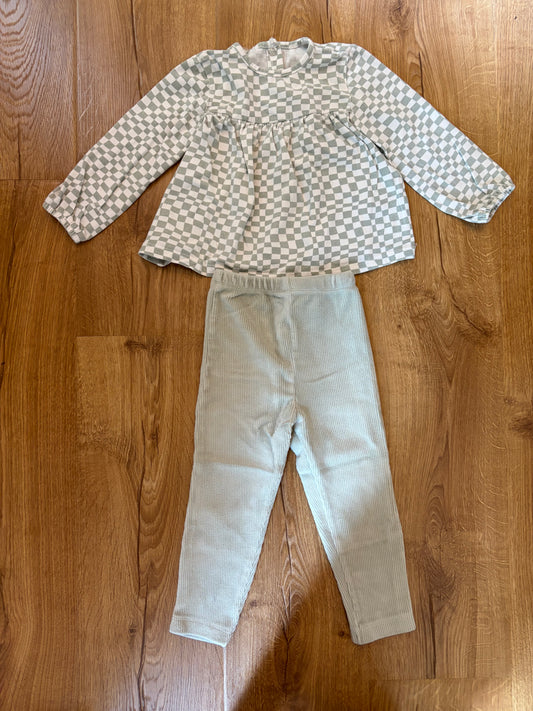 #6 - Focus Kids Girls Green Plaid and Corduroy Outfit - 24 months