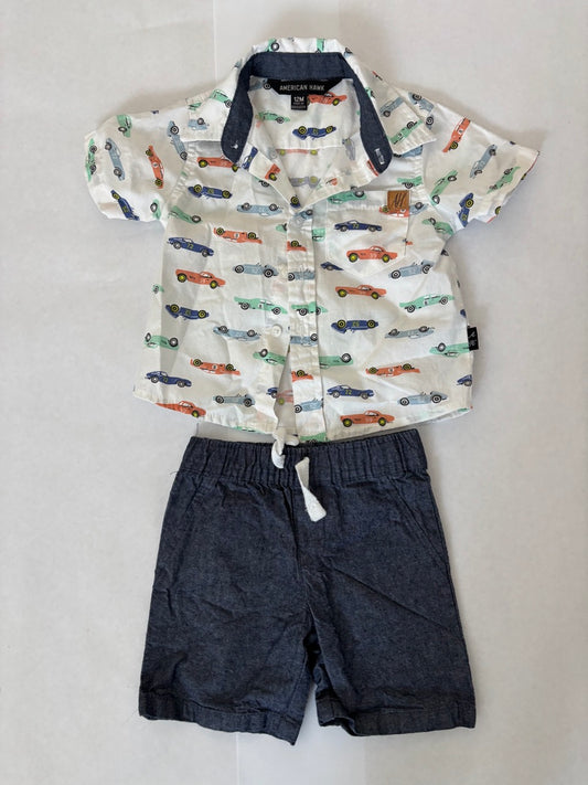 #70 American Hawk 12 mo car print button down shirt and shorts