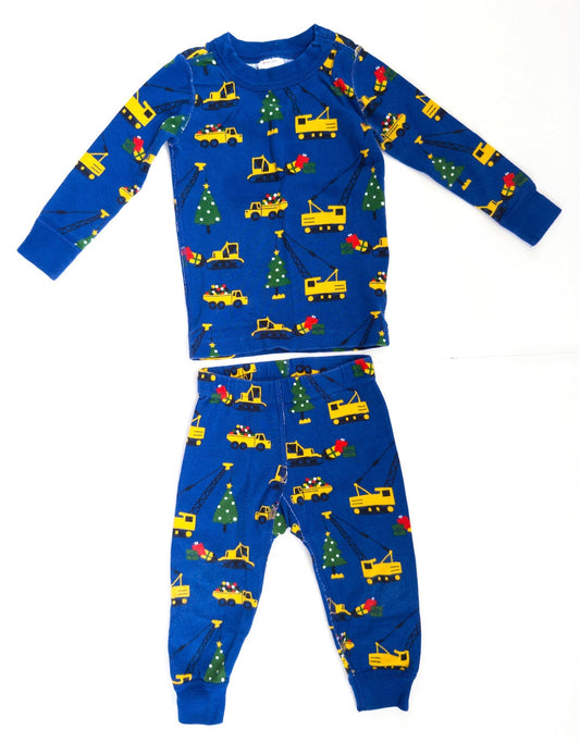 #153 Hanna Andersson Blue Christmas Construction Pajamas Size 2T