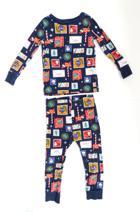 #153 Old Navy Blue Christmas Stamps Pajamas Size 2T