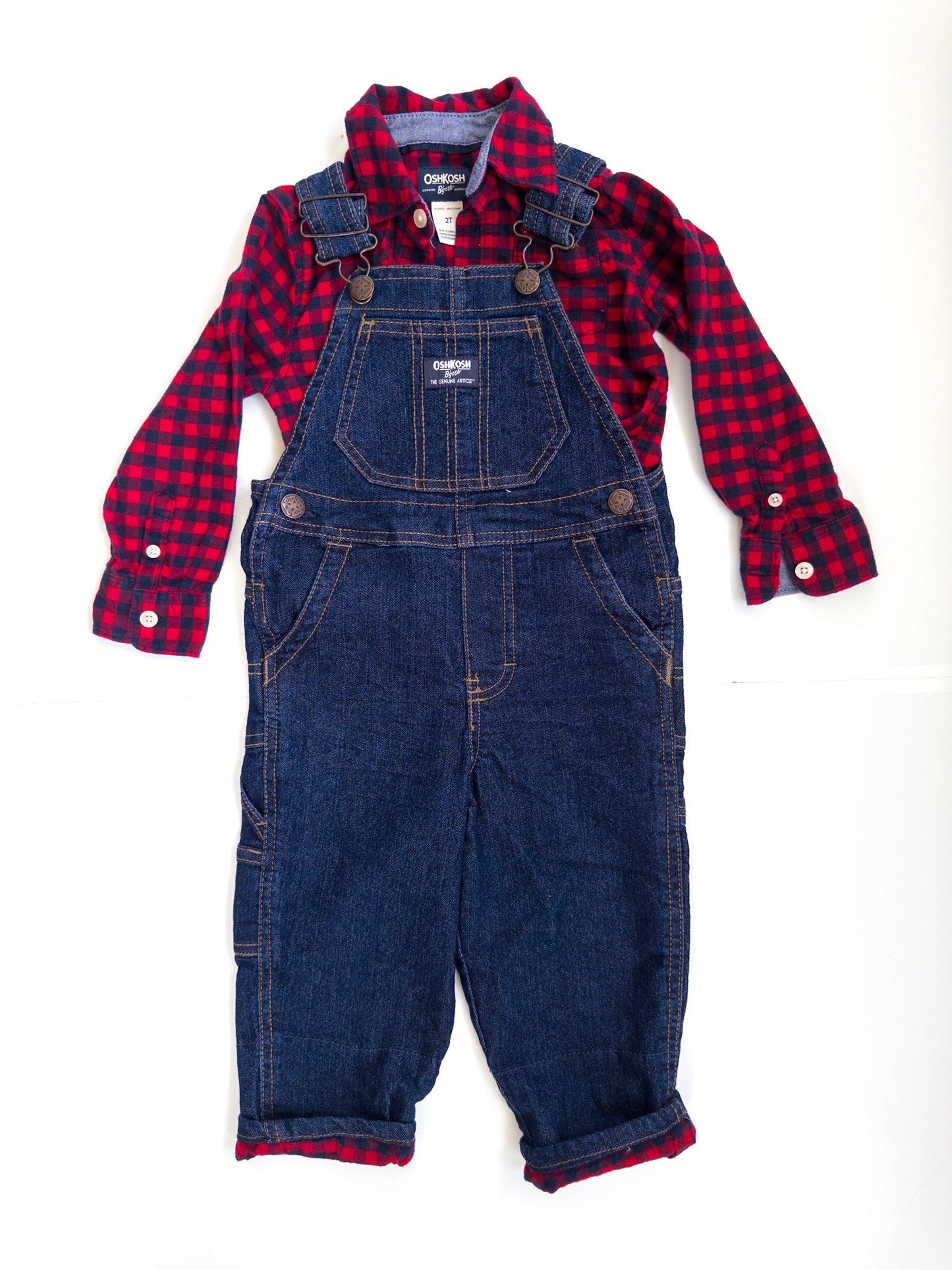 #153 Oshkosh Denim Overalls w/ Red Plaid Button-Up Size 2T - NWOT