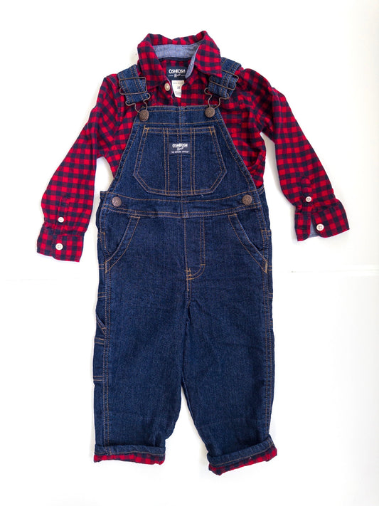 #153 Oshkosh Denim Overalls w/ Red Plaid Button-Up Size 2T - NWOT