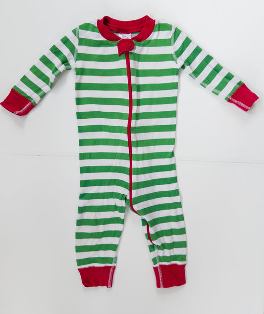 #153 Hanna Andersson Green Stripe Christmas Onesie Pajamas Toddler Size 18-24 months