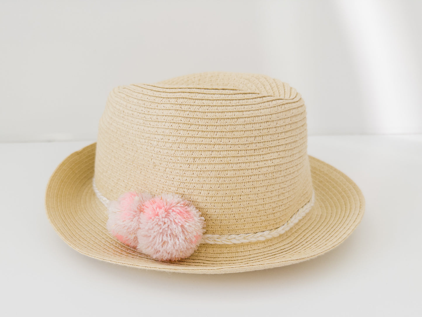 #88 Carters Toddler Girl (2T-4T) Wicker Hat with Pink PomPoms