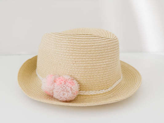 #88 Carters Toddler Girl (2T-4T) Wicker Hat with Pink PomPoms