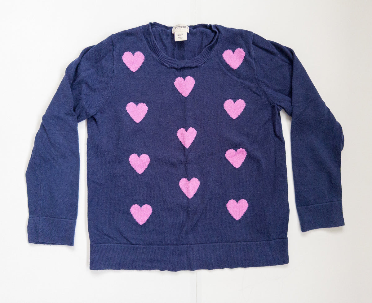 #38 Crewcuts Navy/Pink Heart Sweater Girls Size S (6/7)