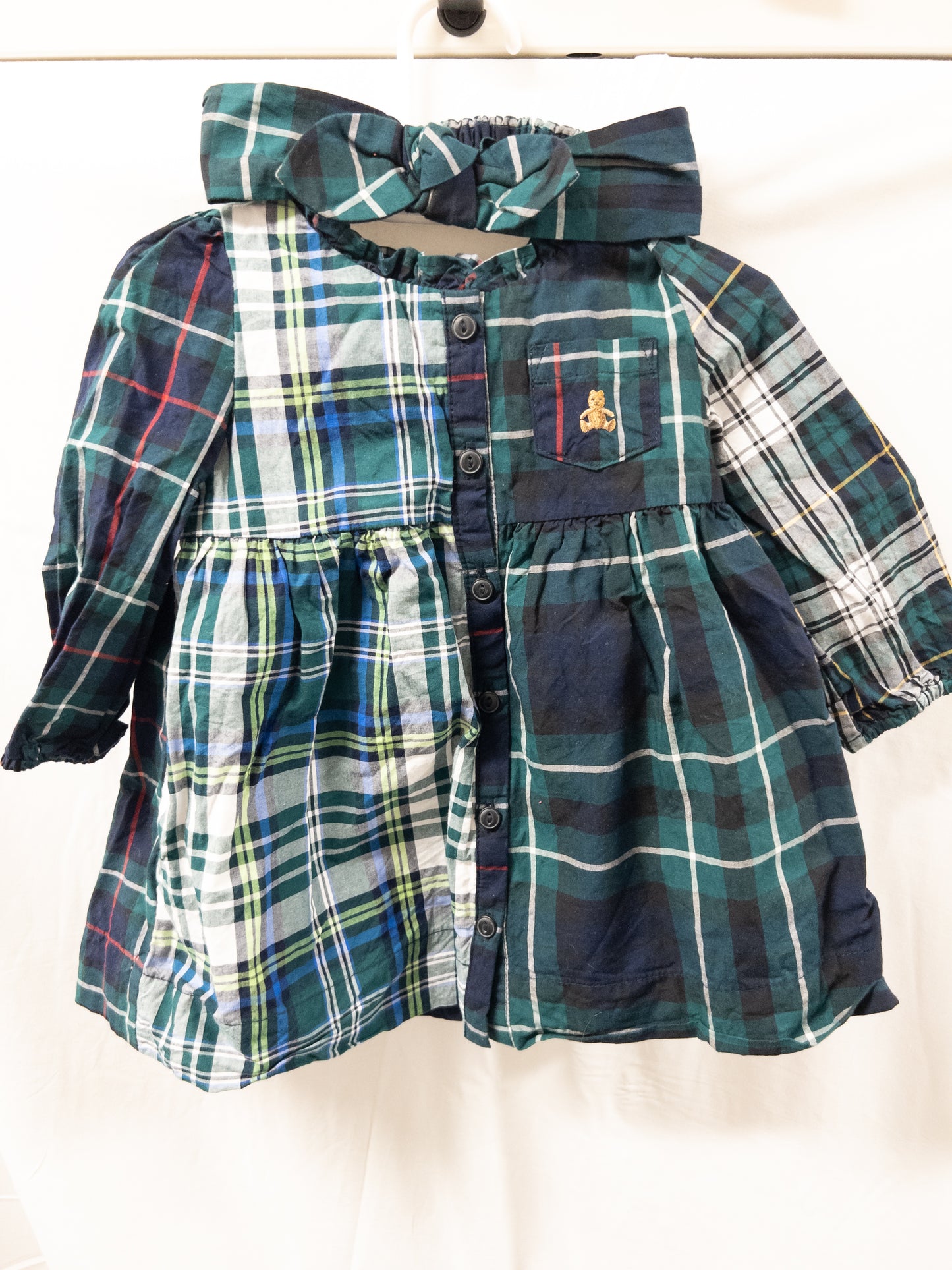 #151 6-12 month girls baby gap dress blue/green with matching headband